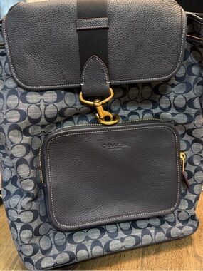 Coach Men's Navy Signature Canvas Backpack with Dark Leather Pouch